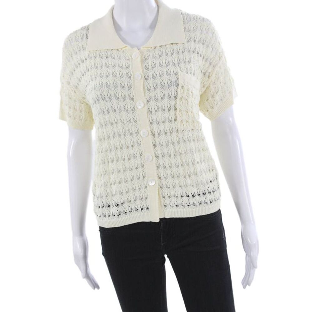 LNA Womens Collared Geometric Cardigan Ivory Viscose Short Sleeve Size M